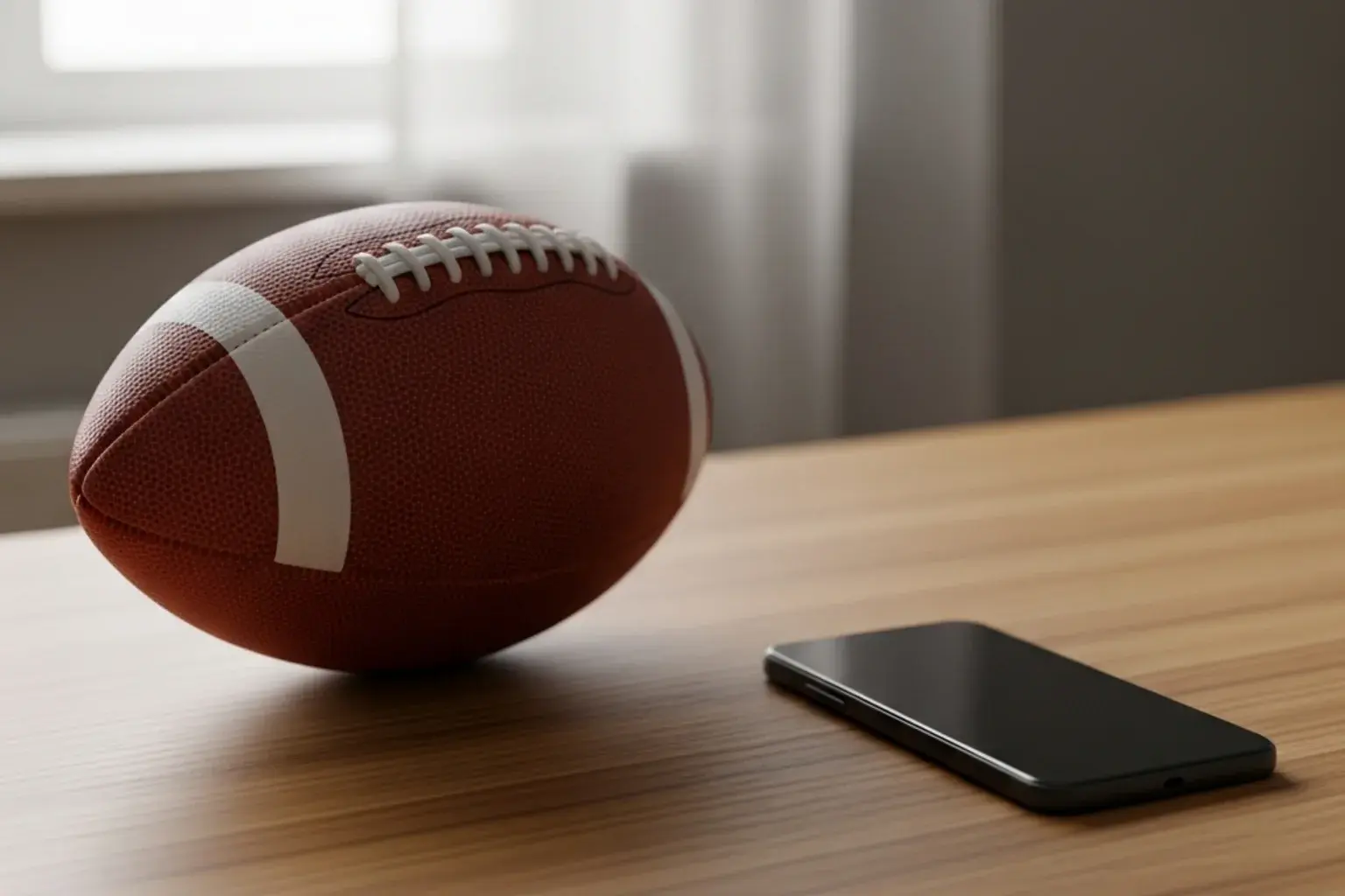 American football placed on a wooden desk next to a closed smartphone in soft light