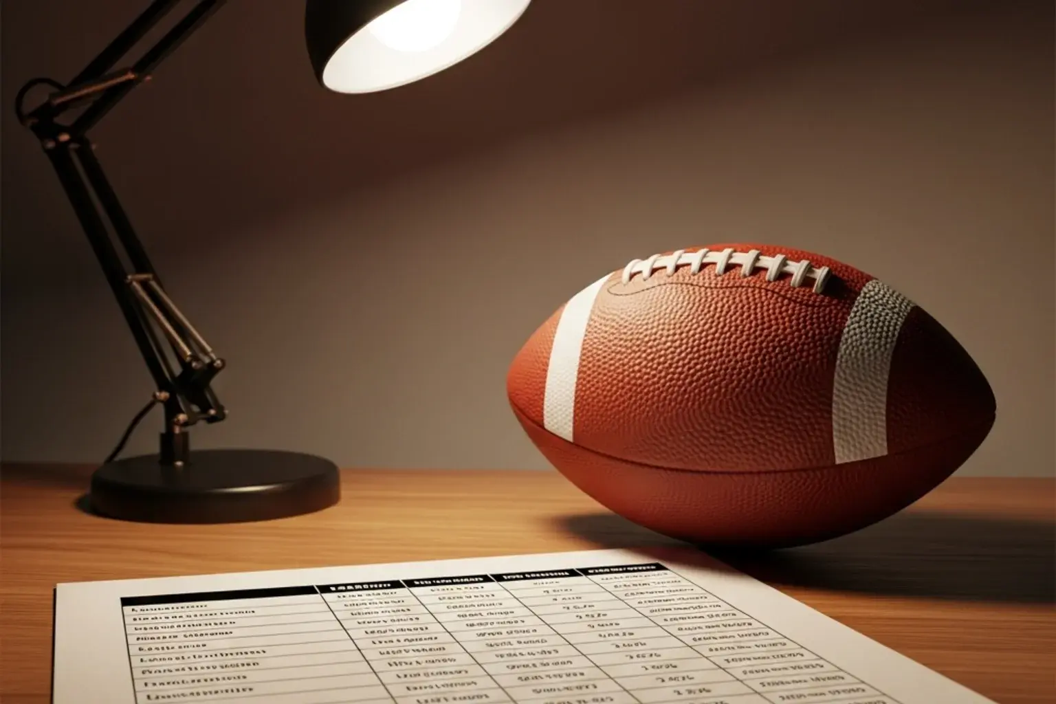 American football and a printed sports schedule sheet on a wooden desk in warm light