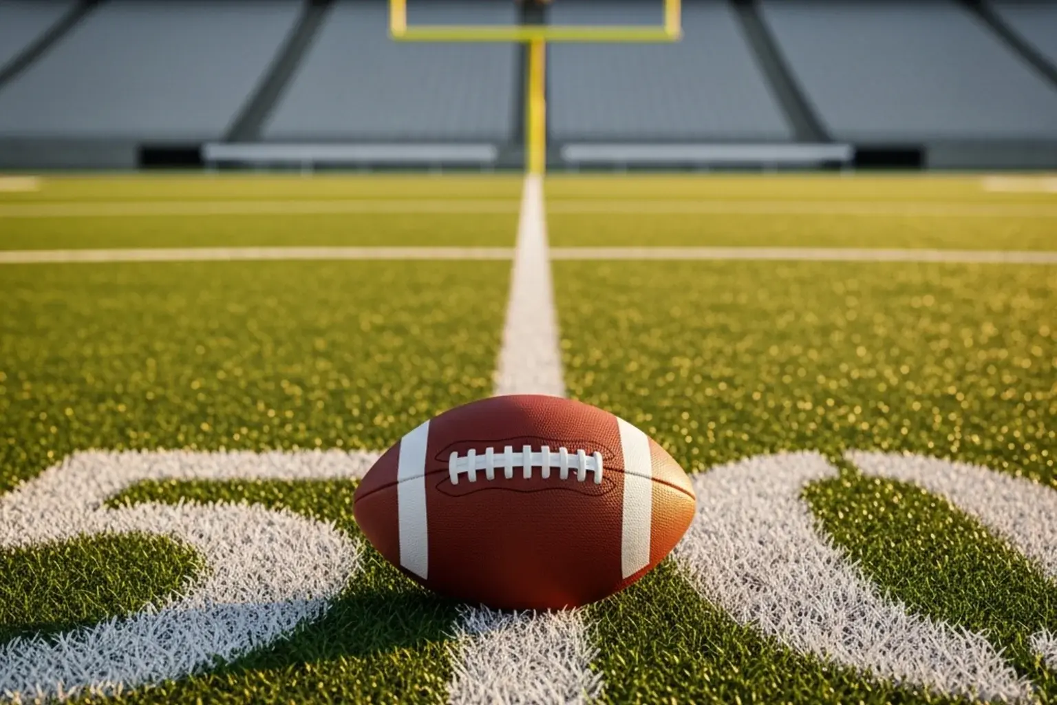 American football resting on the chalk hash marks of a grass NFL field at dusk for a UK punter