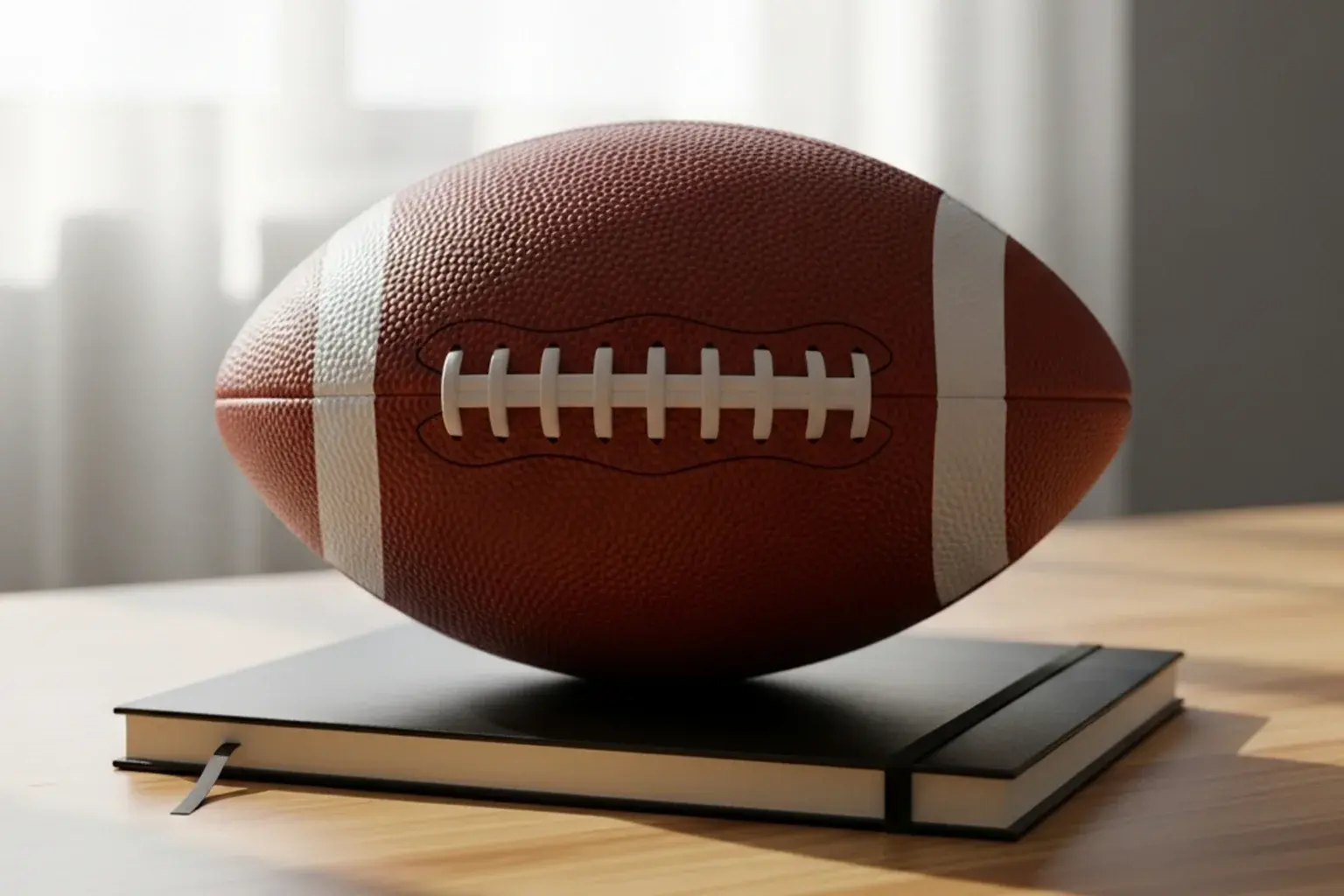 American football resting on a closed notebook on a clean desk with morning light