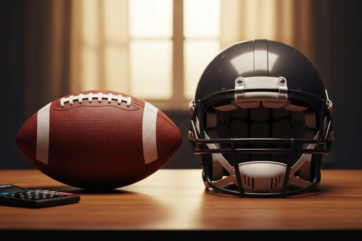 American football and a generic football helmet on a wooden table in warm indoor light