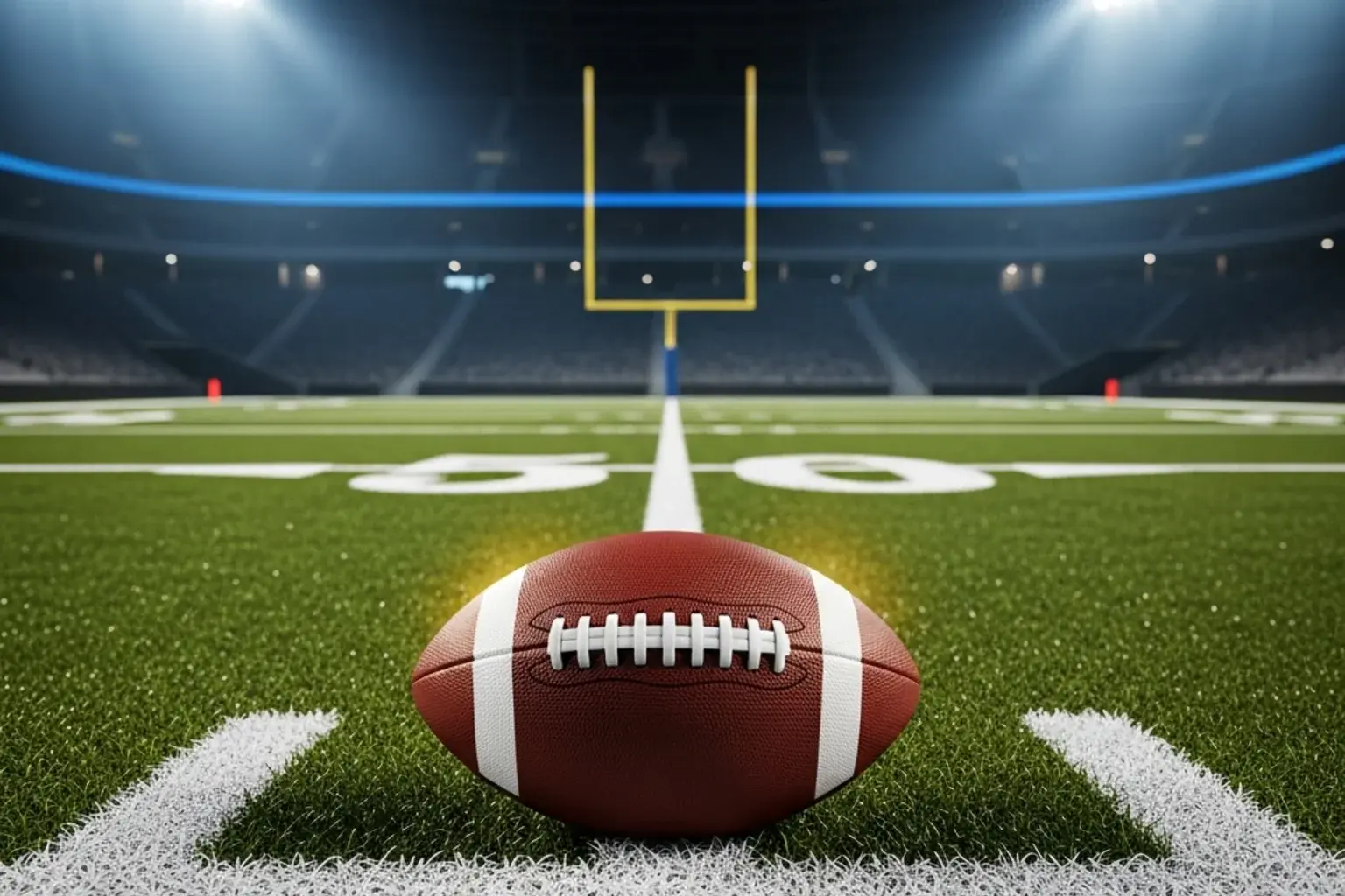 American football set on the goal line of an NFL field under stadium lights illustrating bet types and markets at UK sportsbooks