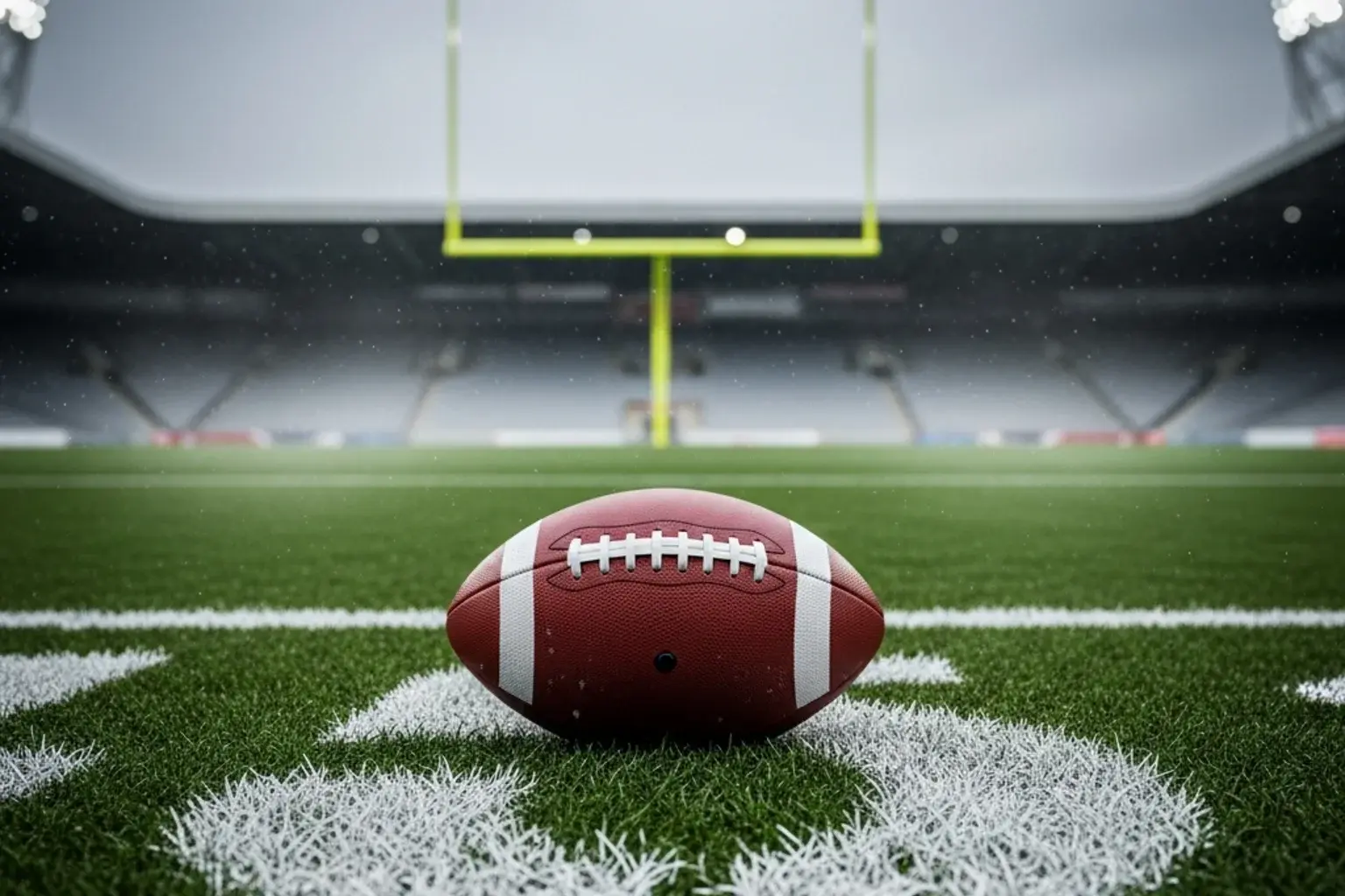 American football placed on a goal-line yard marker of a damp NFL field under floodlights illustrating UK NFL betting legality and UKGC regulation