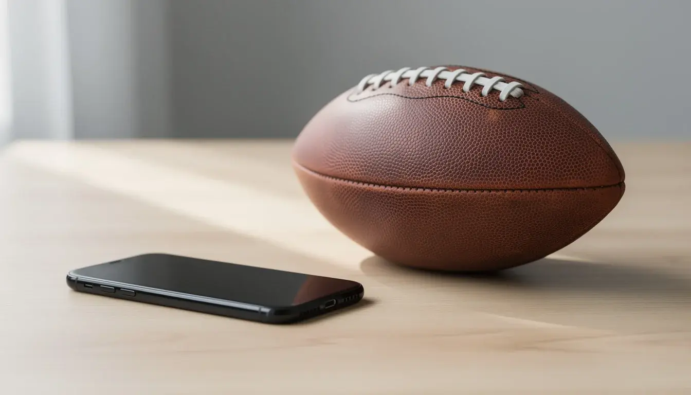 American football placed next to a smartphone on a clean desk in soft natural light