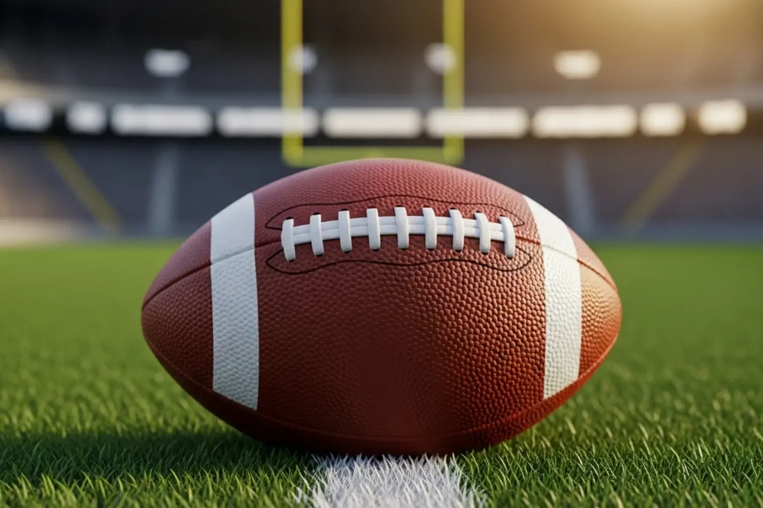 Close-up of an American football on a green turf field with stadium seats out of focus