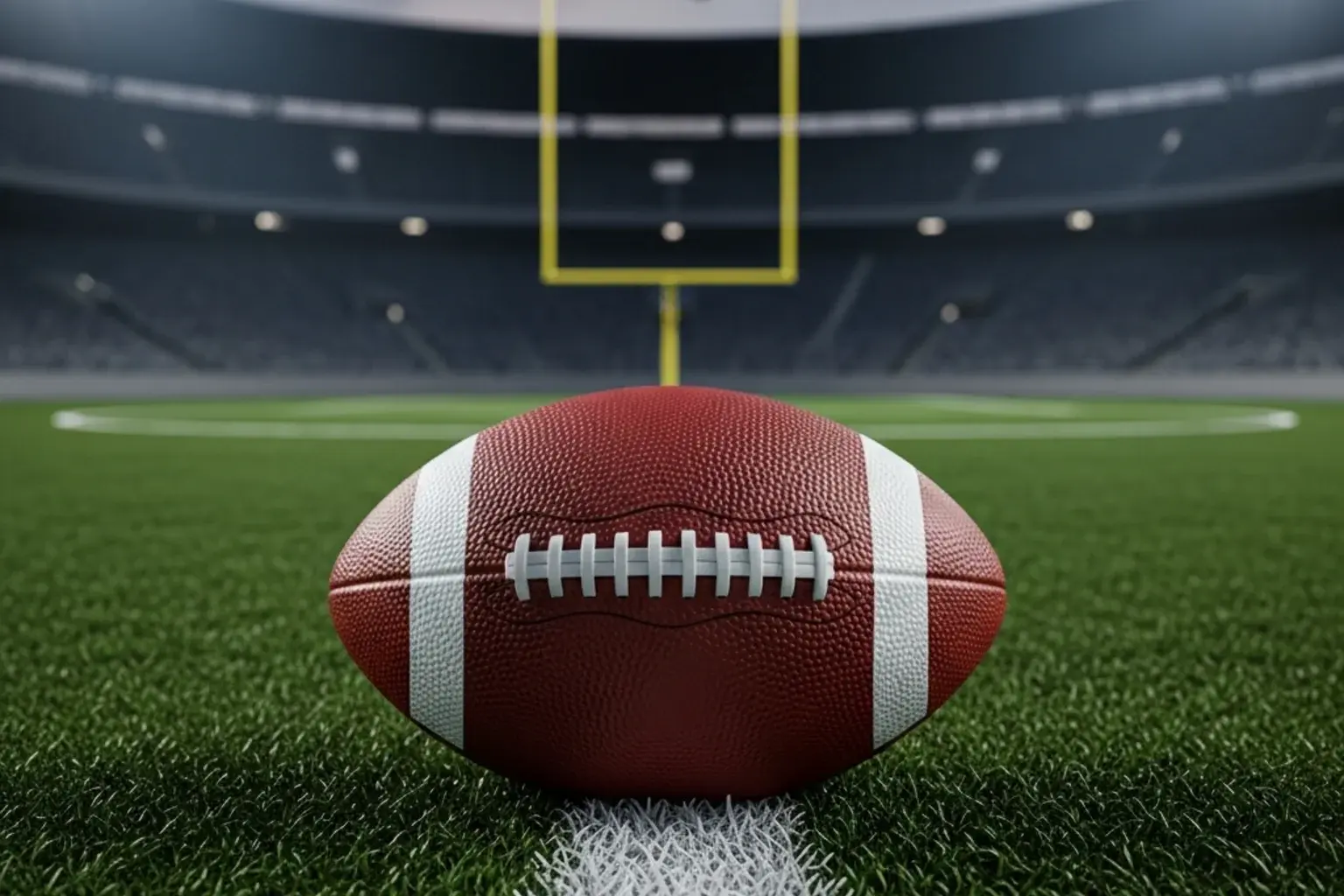 American football on a stadium pitch with goal posts visible in the distance