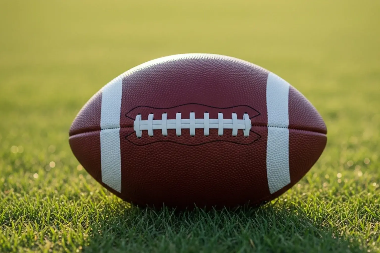 American football placed on green stadium grass with soft afternoon shadows
