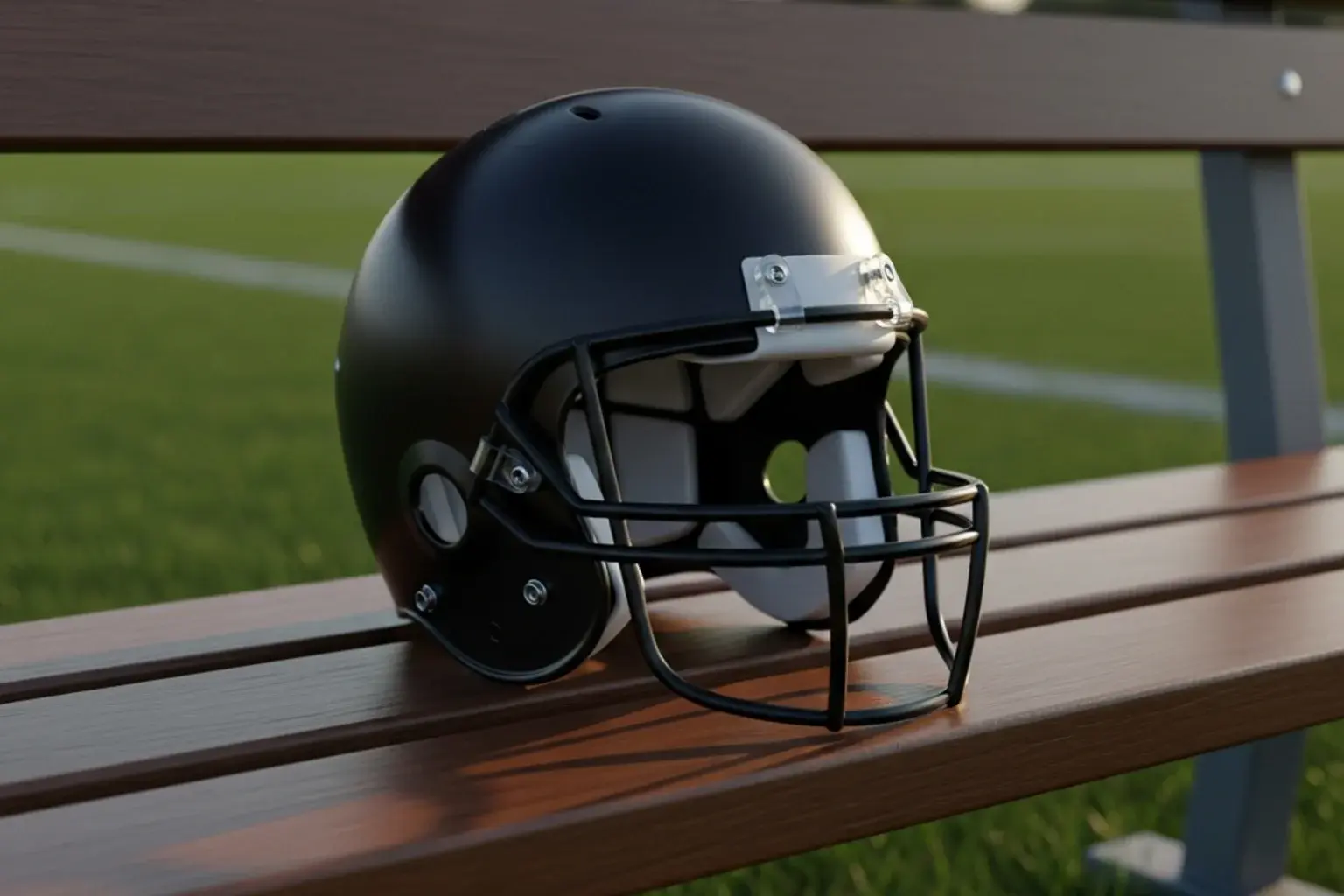 American football helmet resting on a stadium sideline bench with grass visible