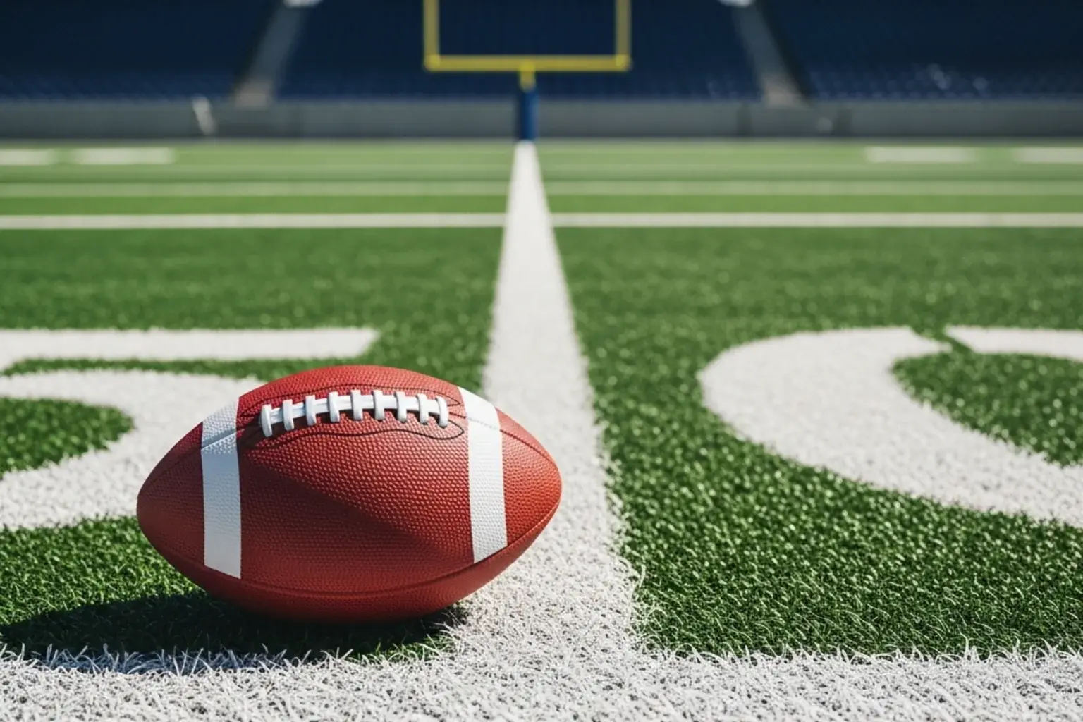 American football on a stadium sideline with yard markers and grass visible