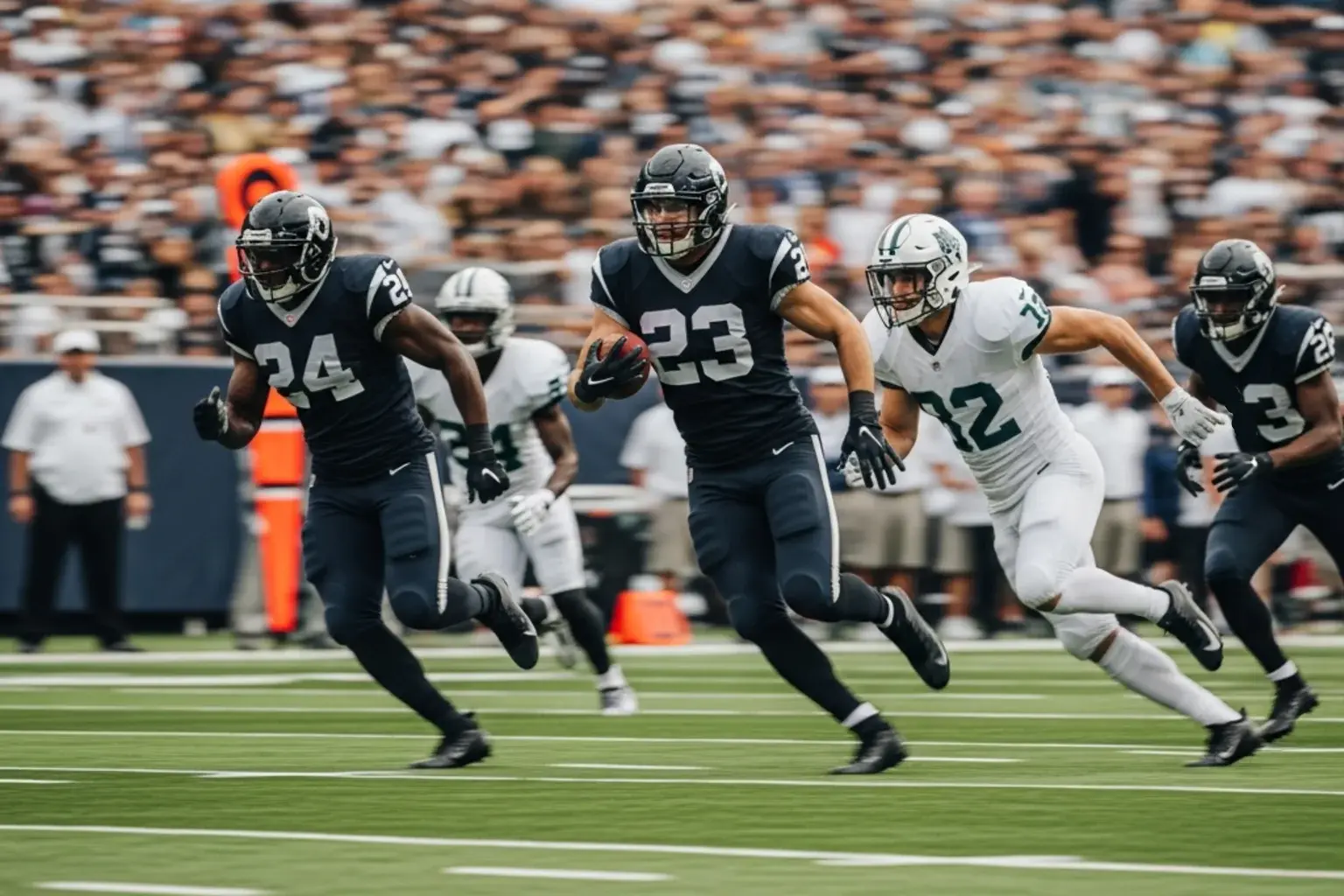 American football players in generic uniforms running on a stadium pitch during a live game