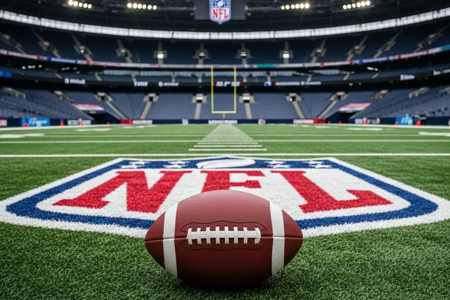 American football laid on the grass field of Tottenham Hotspur Stadium ahead of an NFL London Games fixture