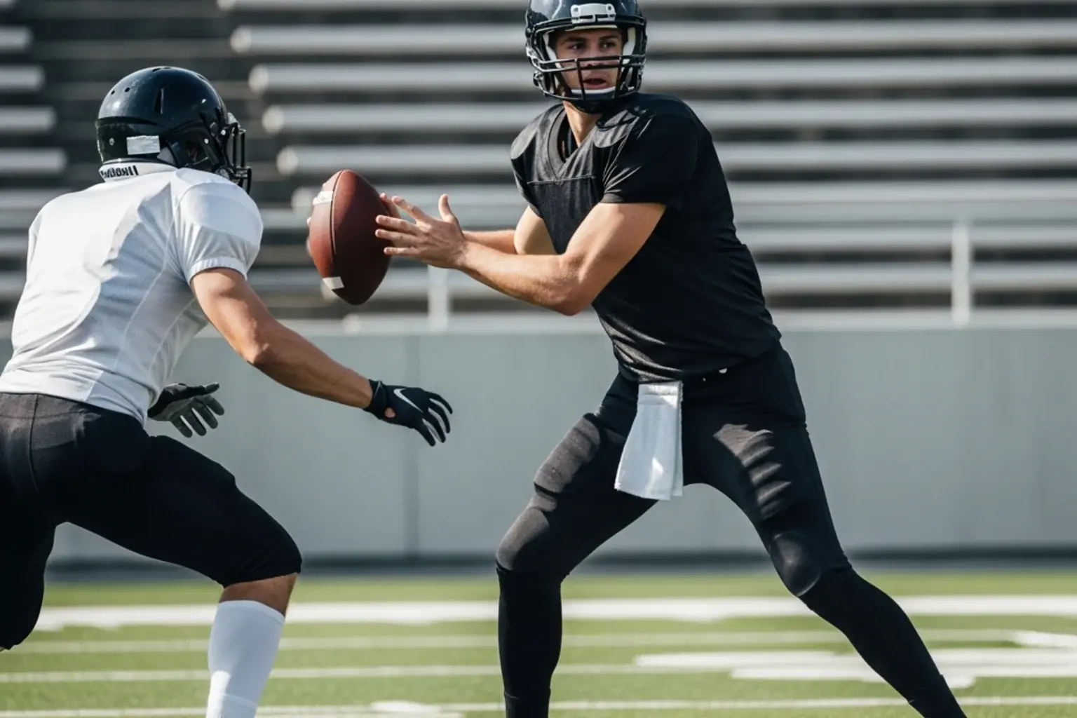 American football quarterback in a generic uniform handing off the ball to a running back