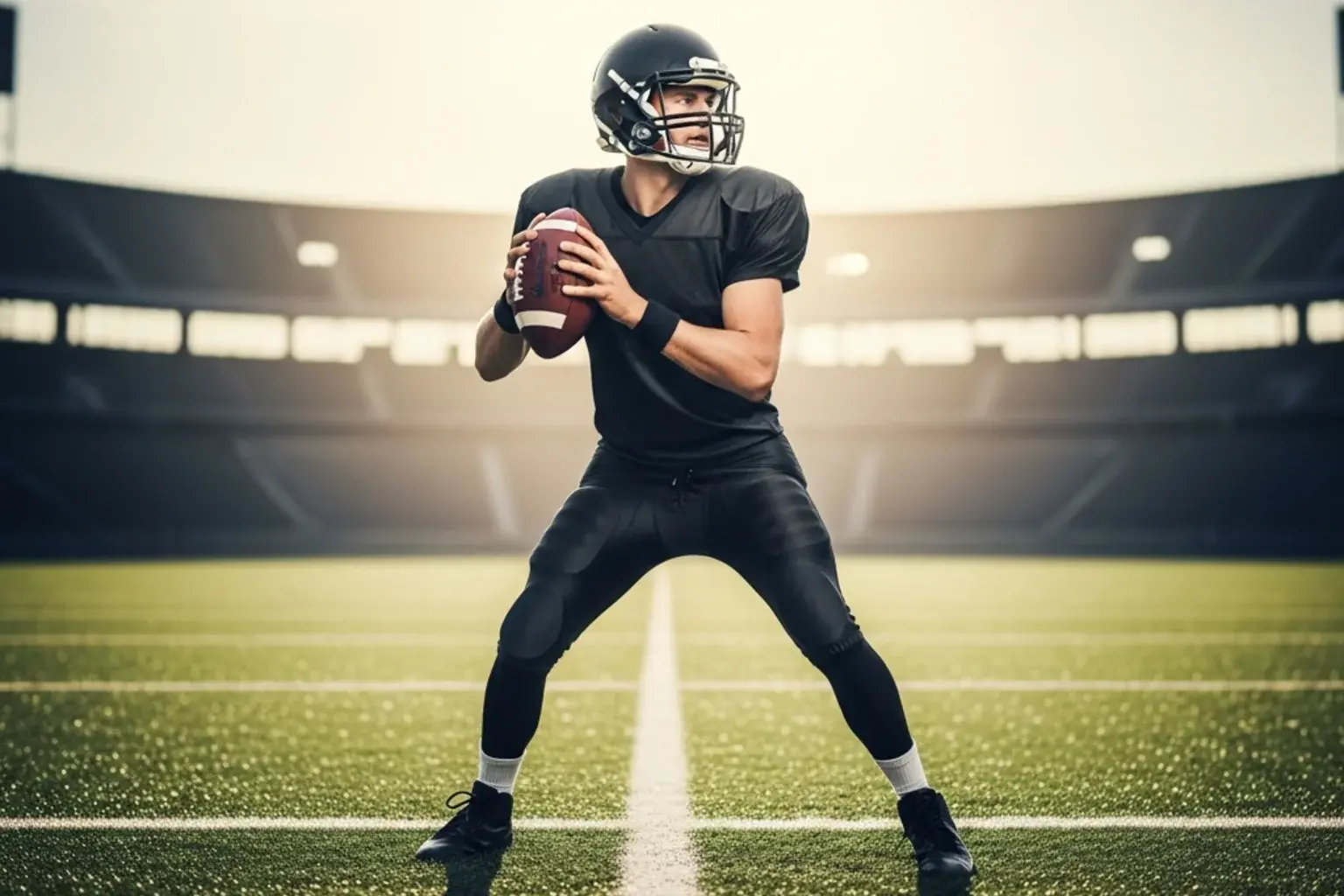 American football quarterback in generic uniform preparing to throw on a sunlit stadium field