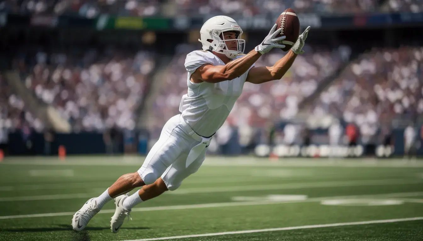 American football receiver in a generic uniform catching the ball mid-air on a stadium pitch