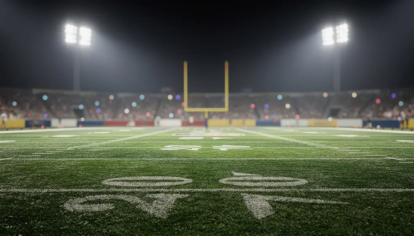 American football stadium at night with floodlights illuminating the green pitch