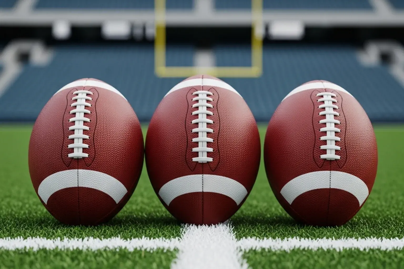 Three American footballs lined up on green stadium grass with stadium seats blurred behind