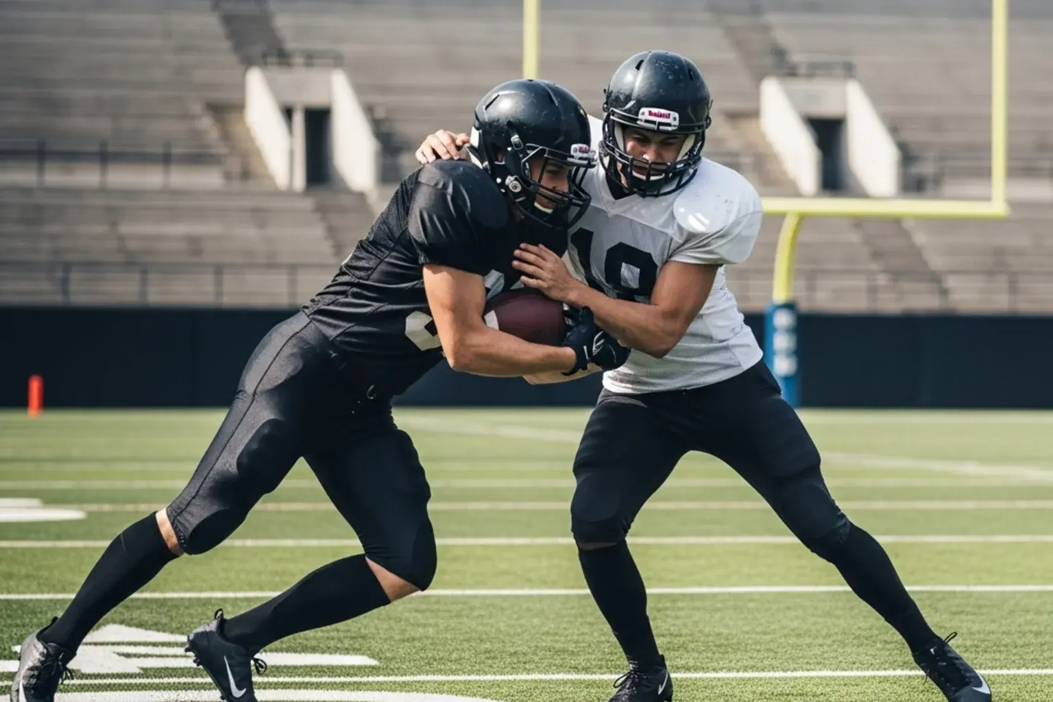Two American football players in generic uniforms in a tackle on a green stadium pitch
