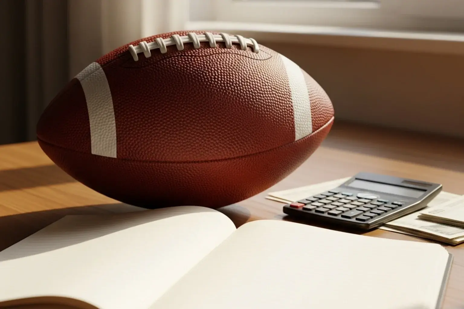 American football positioned next to a plain ruled notebook page on a wooden desk