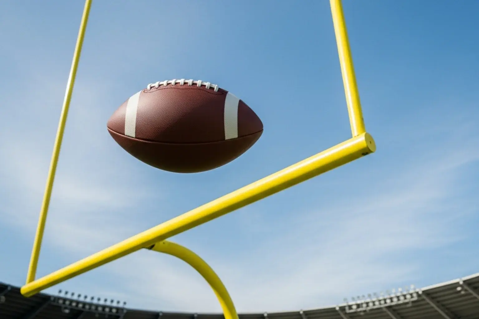 American football sailing through yellow stadium goal posts during a daylight game