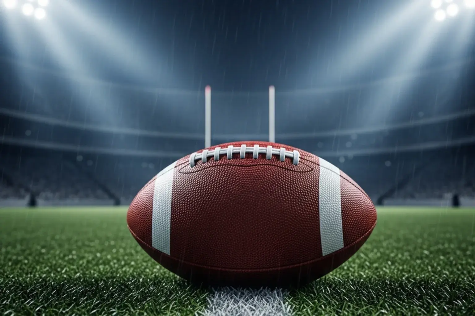 American football on a wet stadium pitch with rain falling under floodlights at night