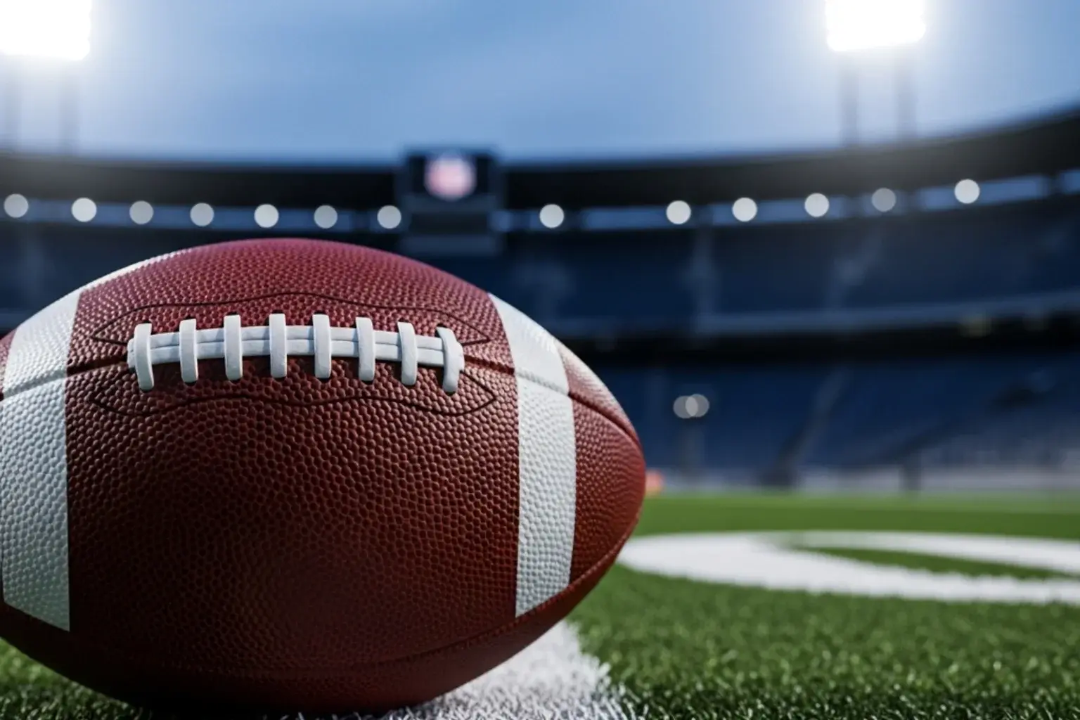 American football resting on green NFL stadium turf at dusk under floodlights