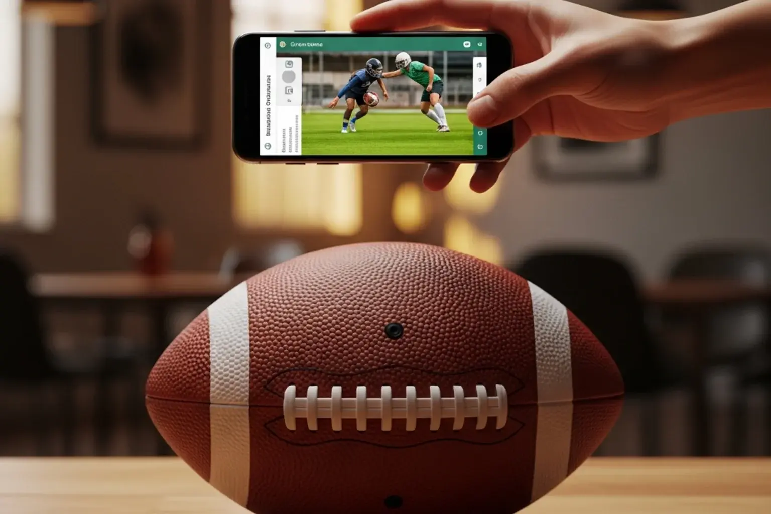 Smartphone showing a sports app screen held above an American football on a wooden table