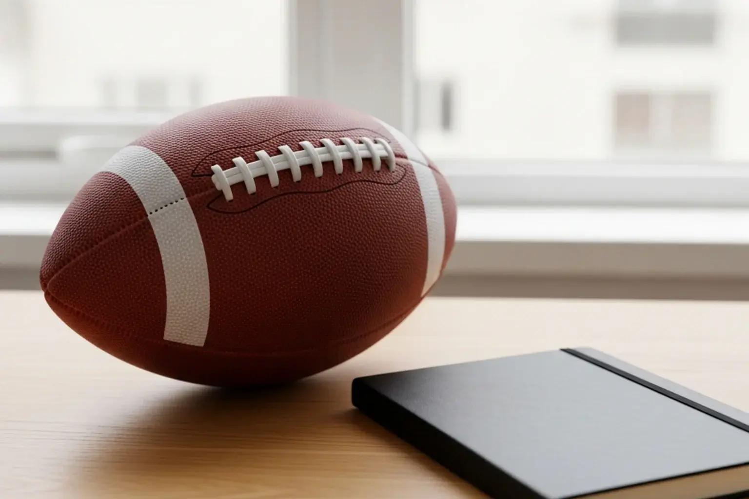 American football placed on a calm wooden table beside a closed plain notebook in soft daylight