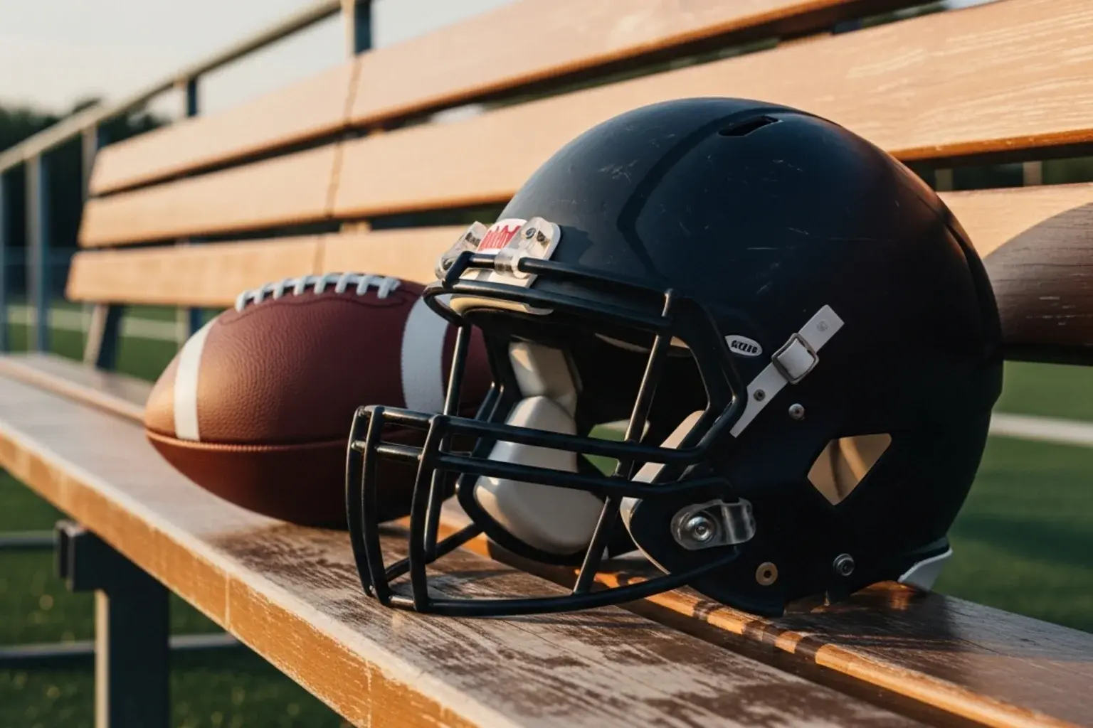 American football resting on a stadium bench beside a generic football helmet