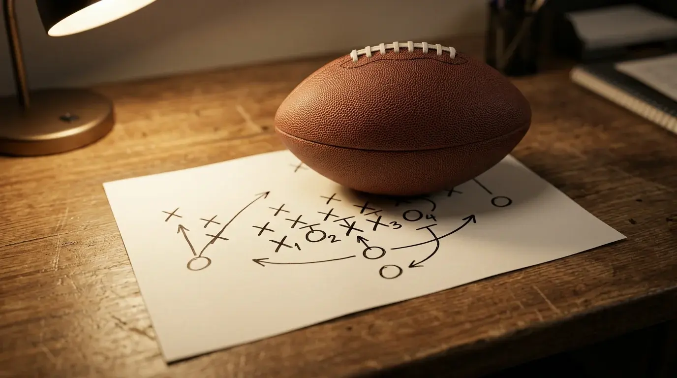 American football placed on a tactical playbook drawing on a wooden table under warm light