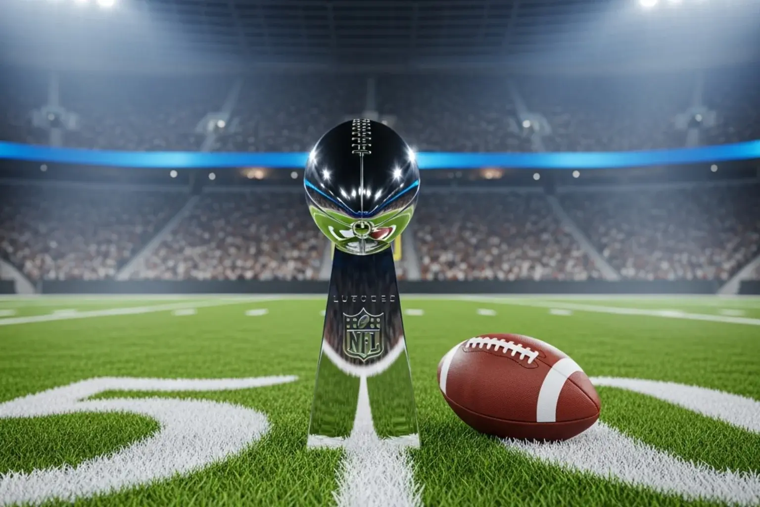 Super Bowl LX trophy on stadium grass under night-game floodlights for UK NFL betting markets analysis