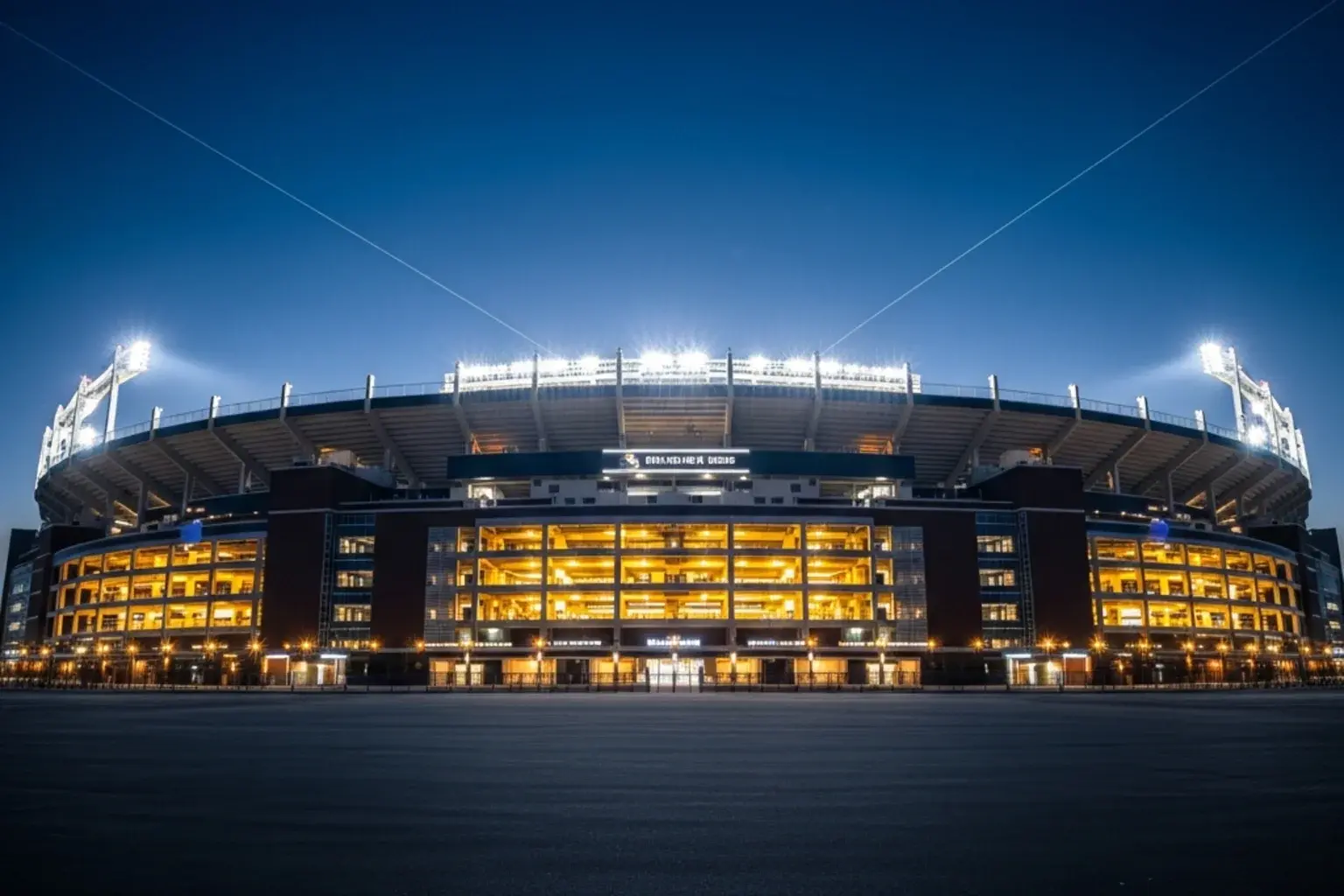Super Bowl LX stadium exterior at night with floodlights illuminating the venue ahead of kickoff