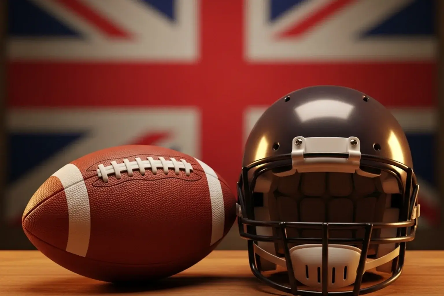 American football and a generic football helmet in front of a Union Jack pattern background